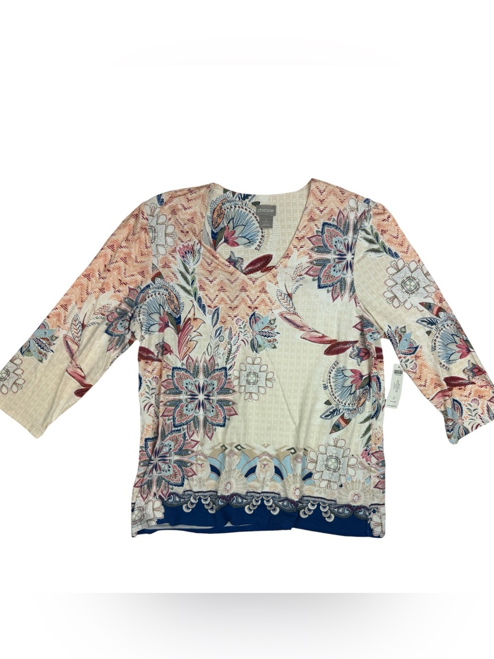 NWT Chico’s Border Floral Top 3/4 Sleeve Pattern Multi Color knit top 2 or L